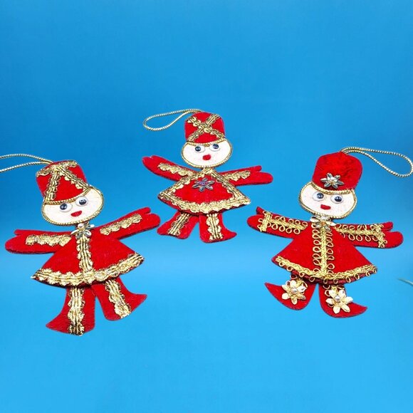 Vintage Red Felt Toy Soldier Ornaments w/ Googly Eyes & Gold Trim 1960s v1 - Picture 8 of 10